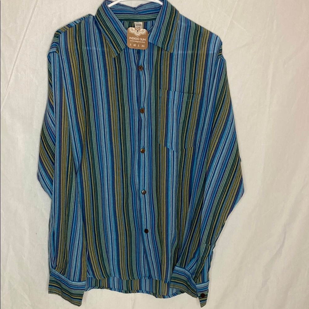 Indigo Sun Striped Button Front Button Down Shirt Blue Green Oversized Top M NWT